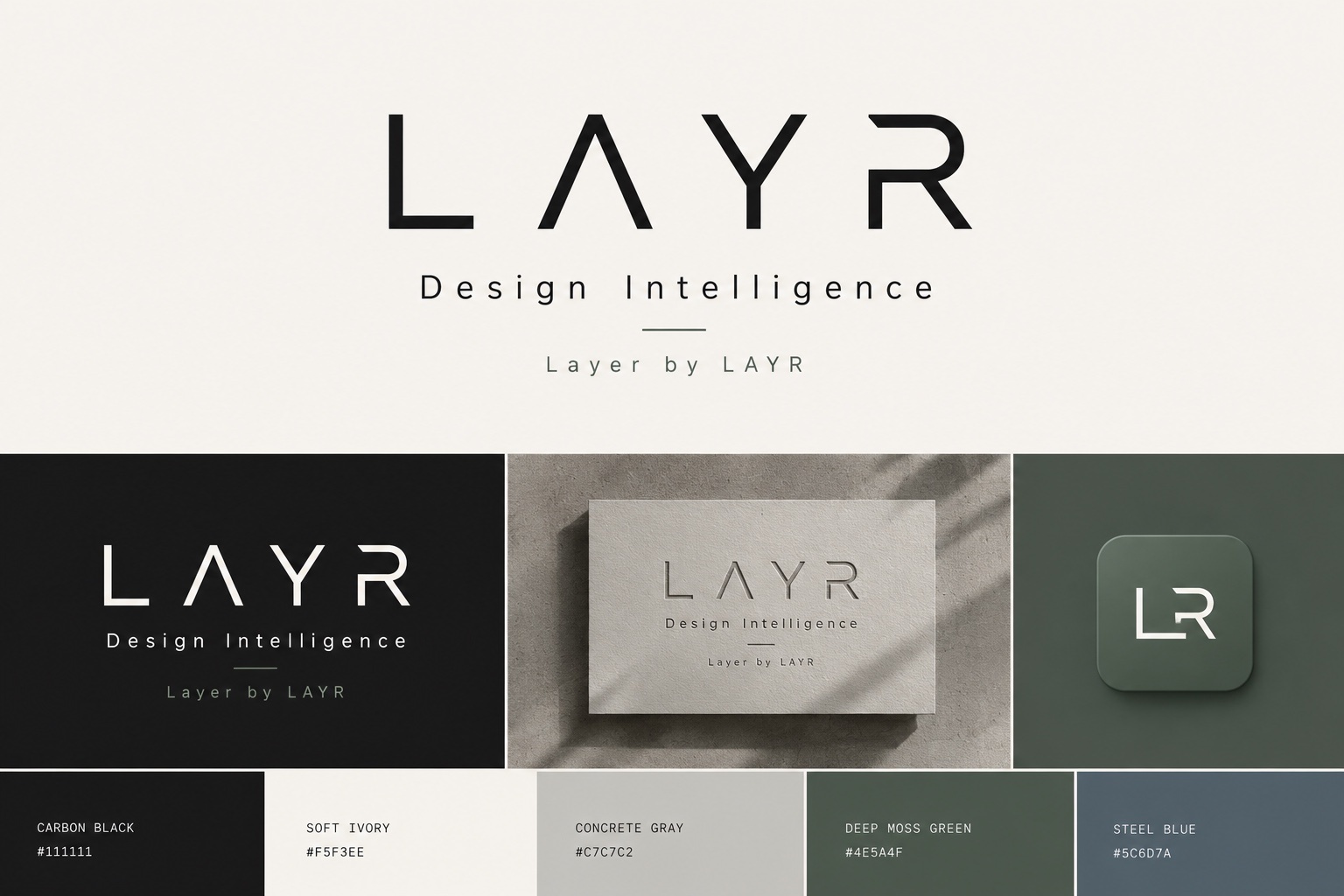 混凝土牆面的 LAYR 品牌示意圖,完整呈現 LAYR、Design Intelligence 與 Layer by LAYR